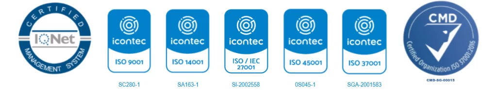 Certificaciones ISO 45001:2015, ISO 9001:2015, ISO 14001:2015, ISO/IEC 27001 e ISO 37001: 2016